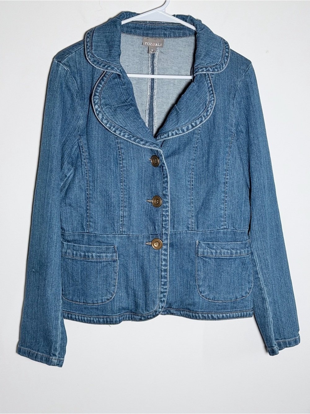 Roz & Ali Medium Blue Denim Blazer Jacket with Scalloped Notch Collar